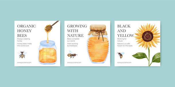 Banner šablona s konceptem včely medové, akvarel styl - Vektor, obrázek