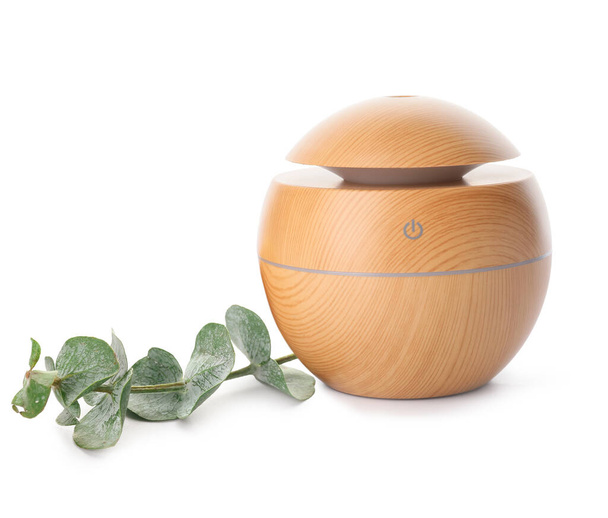 Aroma oil diffuser and eucalyptus on white background - 写真・画像