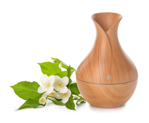 Aroma oil diffuser and jasmine on white background - Photo, Image