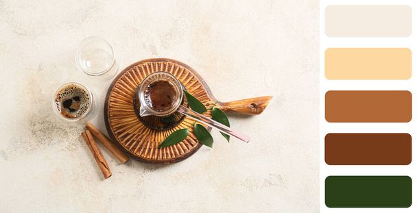 Composition with hot Turkish coffee on light background. Different color patterns - Photo, Image