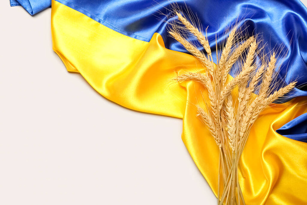 Wheat spikelets and flag of Ukraine on light background - Photo, Image