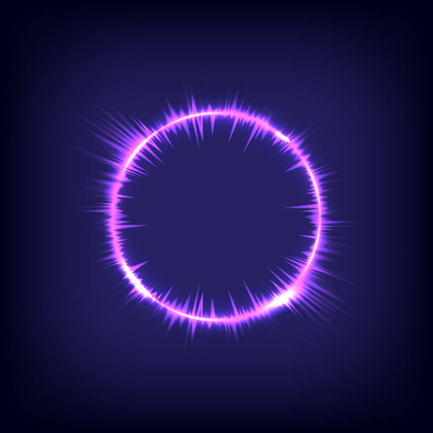 Perno de círculo de onda musical. Tecnología brillante remolino púrpura efecto de luz. Marco abstracto mágico. Energía de energía del elemento circular. Luminosa ciencia ficción. Luces de neón brillantes cósmicas. Remolino universo rastro efecto - Vector, imagen