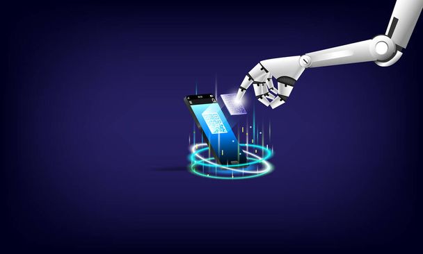 A robot keze megérinti a telefon hologram QR kódját. Futurisztikus technológia, mesterséges intelligencia. Az adatelemzés csúcstechnológiás mobilja. Vizuális valóság izzó felület. Absztrakt háttér - Vektor, kép