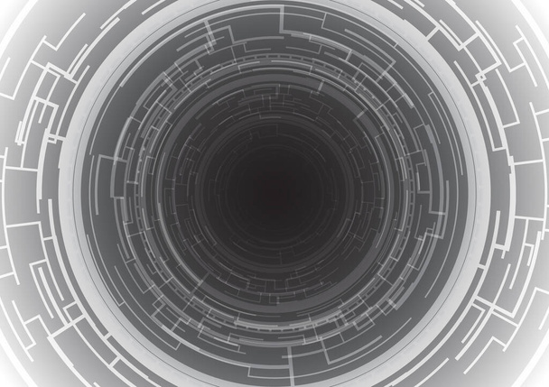 tunnel scientifique et technologique du cyberespace avec des particules. Forme géométrique futuriste fond abstrait. Cercle HUD sur écran gris. Portail infini, portail et téléportation - Vecteur, image