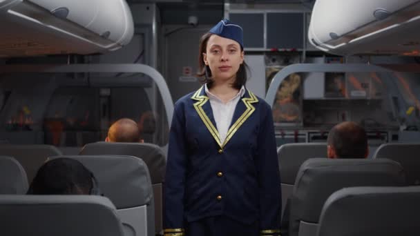 Női légiutas-kísérő portréja, amint a repülőgép folyosóján ül, segít az utasoknak beszállni és a gépen ülni. Repülés nemzetközi légiközlekedési szolgálattal, szállítási felelősséggel. - Felvétel, videó