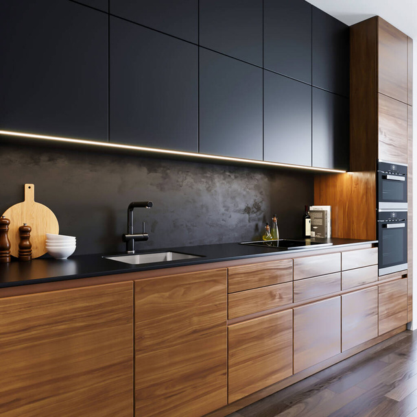 interior de la cocina moderna con paredes blancas y negras, 3d renderizado - Foto, imagen