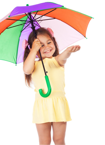 Little girl with umbrella, checking for rain - Foto, imagen