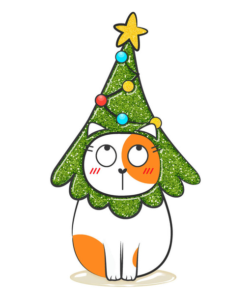 Christmas doodle fat cat in glitter style. Stock illustration.  - Fotografie, Obrázek
