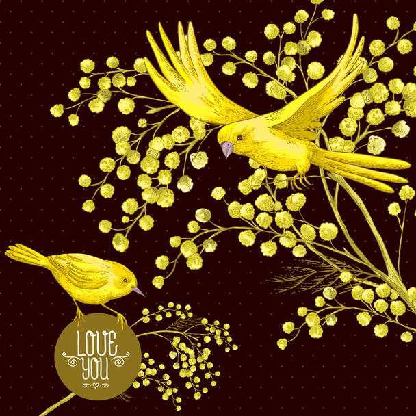 Sprig of Mimosa and Yellow Bird, Spring Background - Vector, Image