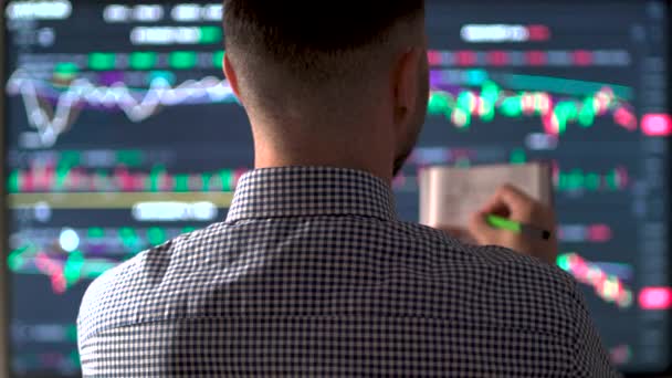 Back view of freelance broker look at computer monitors and do winner gesture celebrating succsessful trade on stock market. Concept of bitcoin and stock market trading. High quality 4k footage - Footage, Video