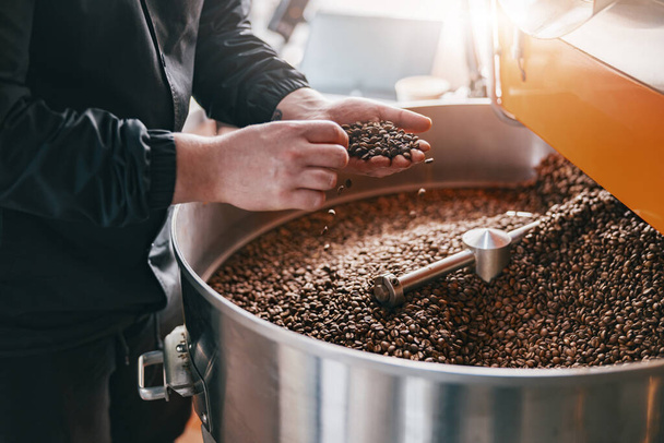 Master checks the quality of roasting coffee beans on small factory. Close-up. High quality photo - Fotografie, Obrázek