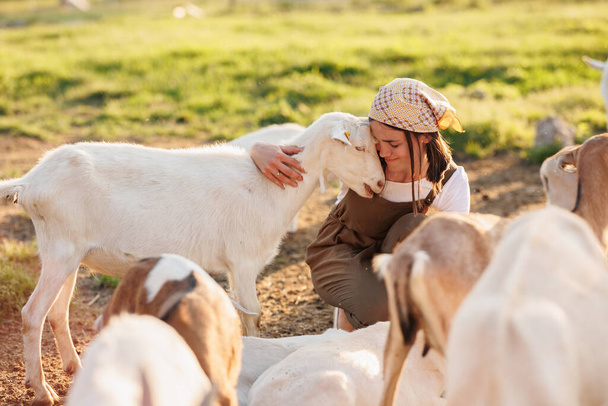 Female farmer taking care of cute goats. Young woman getting pet therapy at ranch. Animal husbandry for the industrial production of goat milk dairy products.Agriculture business and cattle farming - Photo, Image