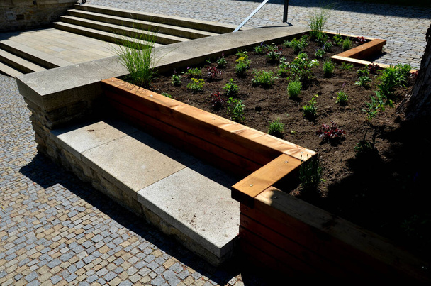 bench under the tree, incorporated into the tree with a perennial bed. the beams form the edge and the structure. nmst street at the entrance to the building. newly implemented order - Foto, Imagem