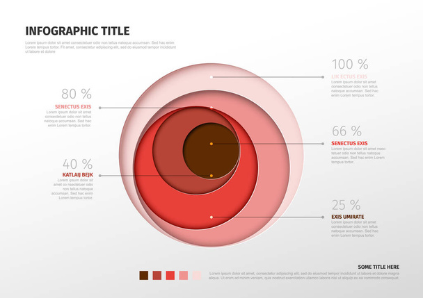 Vector Infographic circle layers template with five level volume share circles - red colors template with light background and percentage description items - ベクター画像