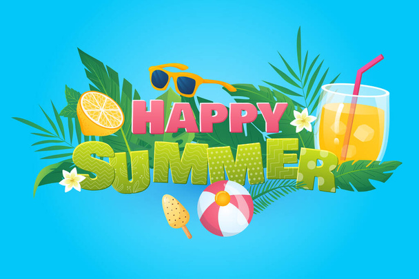 Счастливый летний фон в плоском мультипликационном дизайне. Обои с текстом и составом лимонада, мороженого, солнцезащитных очков, цветов, тропических листьев. Иллюстрация для шаблона плаката или баннера - Фото, изображение