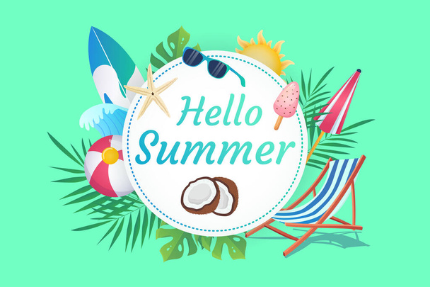 Happy summer background in flat cartoon design. Wallpaper with text and composition of surfboard, sunglasses, lounger, coconut, ice cream, leaves. Illustration for poster or banner template - Photo, Image