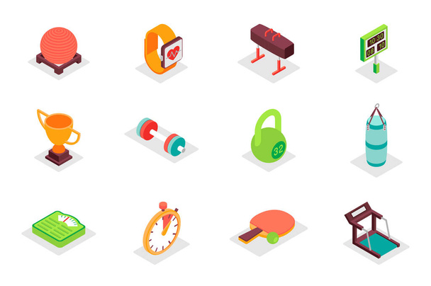 Sports equipment concept 3d isometric icons set. Pack isometry elements of ball, smart watch, score, winning cup, barbell, kettlebell, scales, gym and other. Illustration for modern web design - Photo, Image