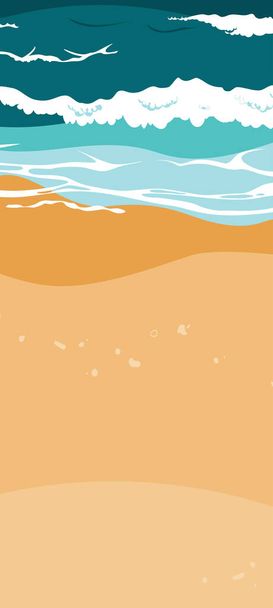 Hochwinkelblick auf die sommerliche Strandlandschaft mit Wellen und Sand. Schäumende Wellen ziehen sich über den sandigen Uferoberblick. Vertikaler Hintergrund für Flyer, Karten oder Banner. Vektorillustration - Vektor, Bild
