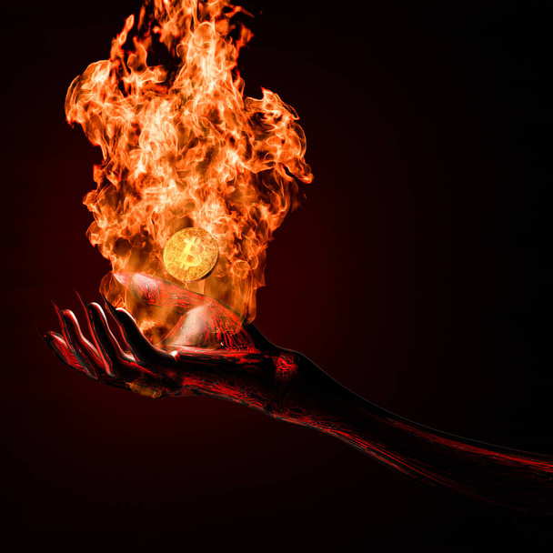 悪魔の手の3Dレンダリングは熱い炎で黄金のビットコインを燃やす - 写真・画像