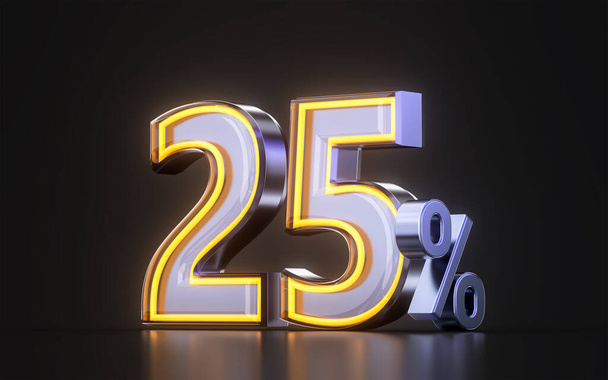 25 percent discount offer icon with metal neon glowing light on dark background 3d illustration - Foto, Imagen