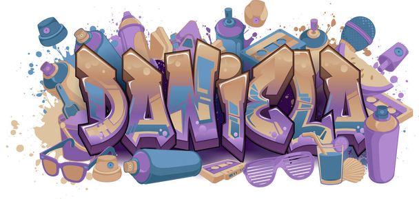 Met Daniela. Een Cool Graffiti Art Design met vibes uit de levendige stedelijke street art stijl..... Elk object is gegroepeerd zodat u uw ontwerp gemakkelijk kunt herschikken. Perfect voor uw volgende project. - Vector, afbeelding