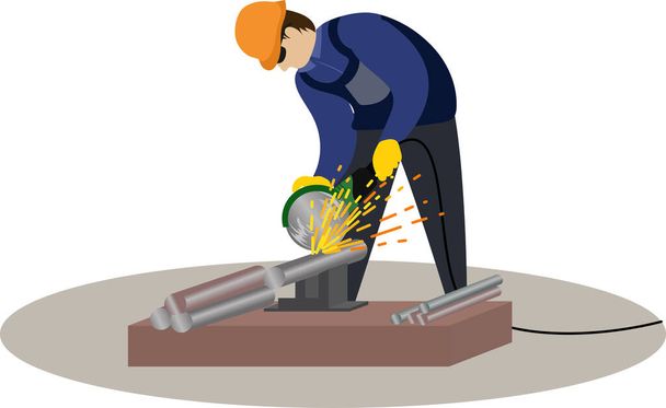 Mies leikkaamalla rautaa pyörät metalli leikkaus näki sähkötyökalu, hiomakone leikkaamiseen rautaa ja metallia, mies työskentelee rakentamisen ja valmistuksen - Vektori, kuva