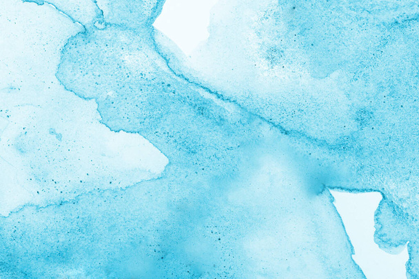 Alcohol ink blue transparent background. Blue, ocean ink texture. Paint natural colors. Template for banner, poster design. High Resolution watercolor texture backround. Copy space - Photo, image