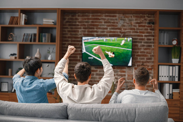 Back view of male friends gathered at home to watch a football match. Men sitting on the couch in front of the big screen TV. Men actively support their favorite team and comment on the match - 写真・画像