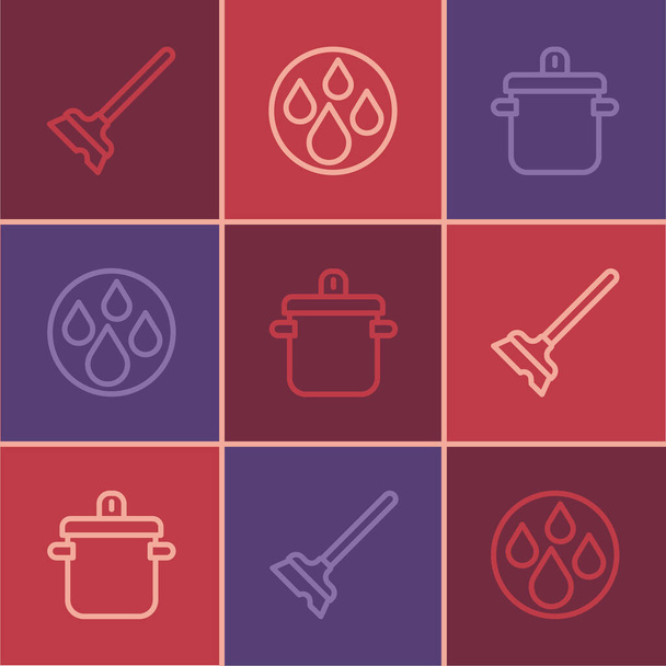 Set line Mop, Cooking pot and Water drop icon. Vector - Vector, Image