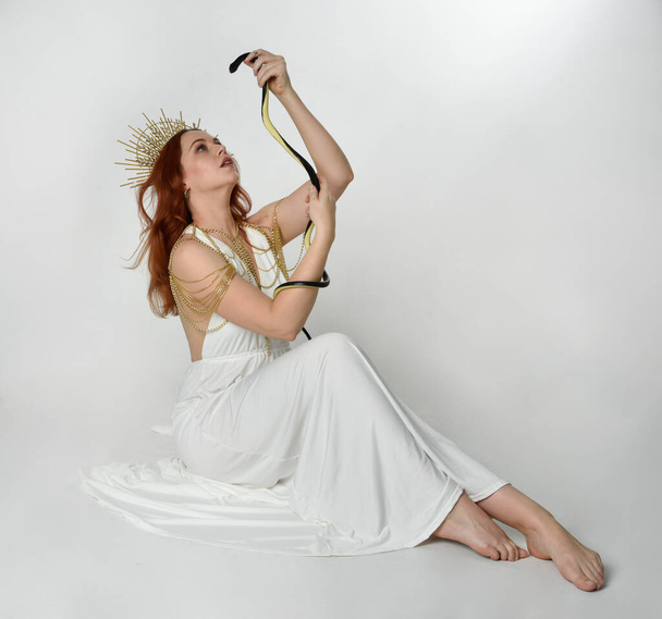 portrait of beautiful red head woman wearing long flowing fantasy toga gown with angelic  golden halo crown on studio background - Φωτογραφία, εικόνα