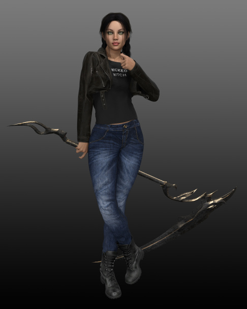 Urban Fantasy Adolescente Grim Reaper in Jeans e Giacca in pelle con falce - Foto, immagini