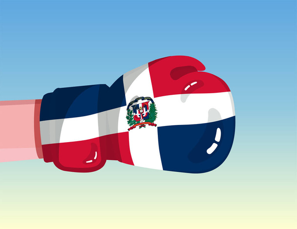 Dominik Cumhuriyeti bayrağı boks eldiveninde. Rekabetçi güce sahip ülkeler arasında çatışma. Saldırgan tavır. İktidar ayrılığı. Şablon hazır tasarım. - Vektör, Görsel
