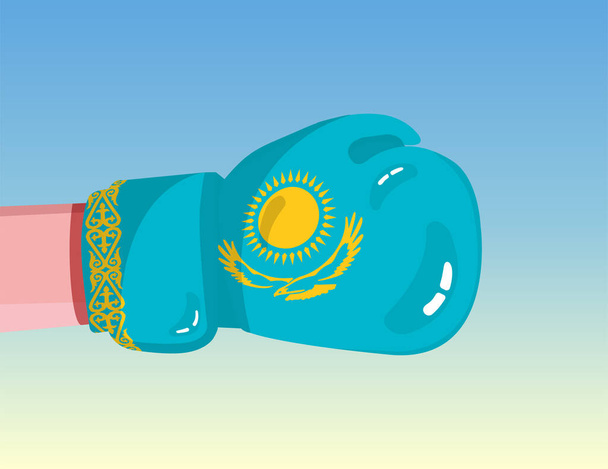 Kazahsztán zászlója bokszkesztyűn. Konfrontáció a versenyhelyzetben lévő országok között. Támadó hozzáállás. A hatalom szétválasztása. Sablon kész tervezés. - Vektor, kép