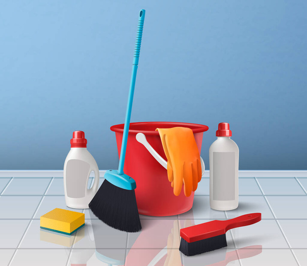 Οικιακά προϊόντα καθαρισμού ρεαλιστική έννοια με πλαστικό κουβά και φιάλες απορρυπαντικού διανυσματική απεικόνιση - Διάνυσμα, εικόνα