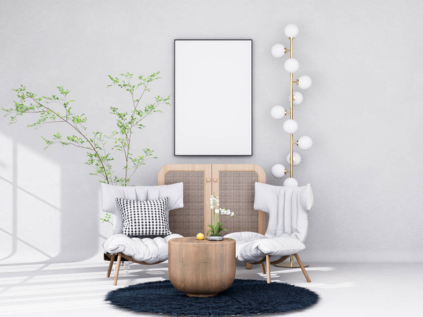 Falešný rámeček v moderním interiéru, obývací pokoj, dekorace., skandinávský styl, 3D vykreslování - Fotografie, Obrázek