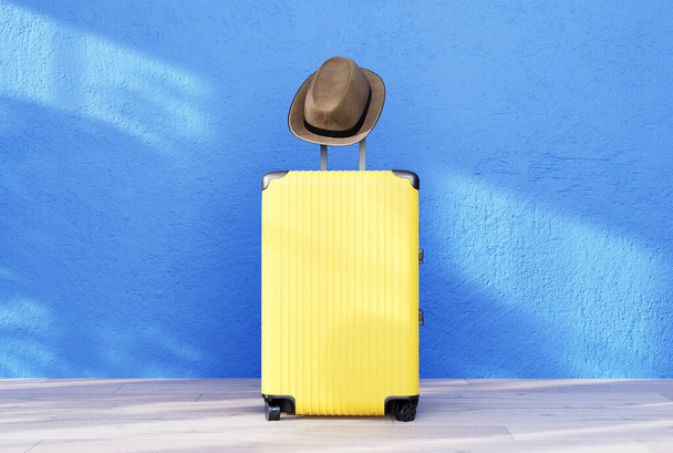 Zwarte kleur bagage of bagage tas op blauwe achtergrond voor vervoer reizen. 3D-weergave - Foto, afbeelding
