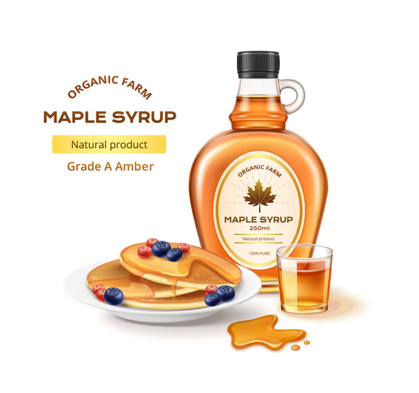 Bottle of organic maple syrup glass and plate with pancakes realistic composition vector illustration - Vector, Image