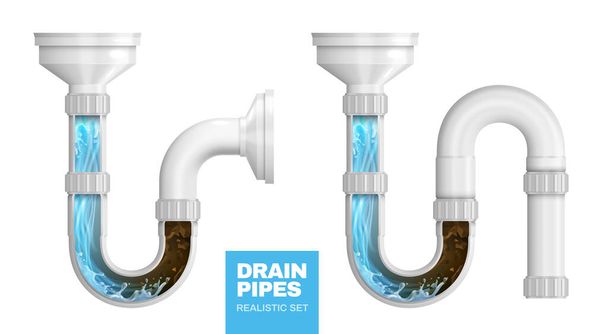 Sewerage siphons clogged with mud and liquid cleaning detergent realistic composition isolated vector illustration - Vector, Image