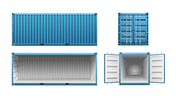 Conjunto realista de contenedor de carga de metal azul abierto y cerrado vista frontal y lateral ilustración vectorial aislada - Vector, imagen