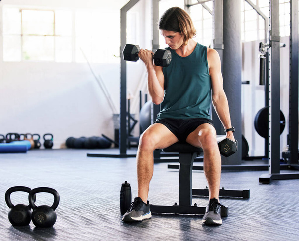 One fit young caucasian man sitting on a bench and doing bicep curls with dumbbells while training in a gym. Focused guy challenging himself by lifting heavy weights to build muscle and endurance - 写真・画像
