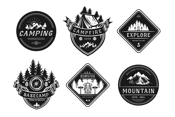 Conjunto de camping e logotipo ao ar livre - Vetor, Imagem