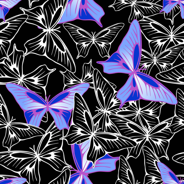φωτεινό απρόσκοπτο μοτίβο από μπλε-βιολετί και ασπρόμαυρες πεταλούδες σε μαύρο φόντο, υφή, σχέδιο - Διάνυσμα, εικόνα