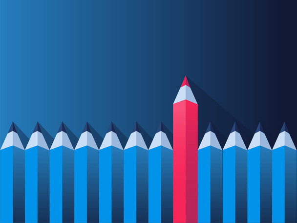 Kék ceruzák és egy piros ceruza vonalának vektoros illusztrációja. Ötletek, kreativitás, ötletbörze, költségcsökkentés és recesszió üzleti koncepciója.  - Vektor, kép