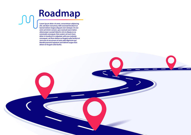 Roadmap-Infografik mit Meilensteinen. Geschäftskonzept für Projektmanagement oder Geschäftsreise. Vektor-Illustration einer blau gewundenen Straße auf weißem Hintergrund mit roten Meilensteinen.  - Vektor, Bild