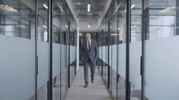 Successful businessman walking along office corridor with glass walls and doors - Foto, afbeelding