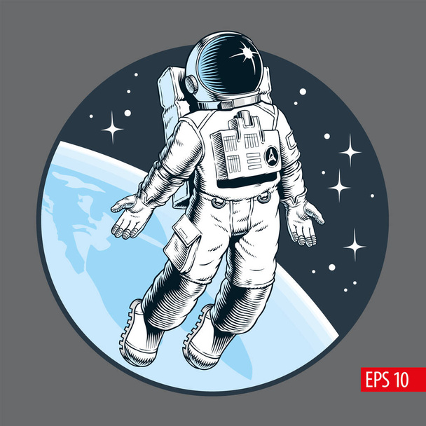 Astronaut fliegt in den Weltraum, Schwerelosigkeit. Sterne und Planet im Hintergrund. Poster- oder T-Shirt-Design. Vektorillustration im Comic-Stil. - Vektor, Bild