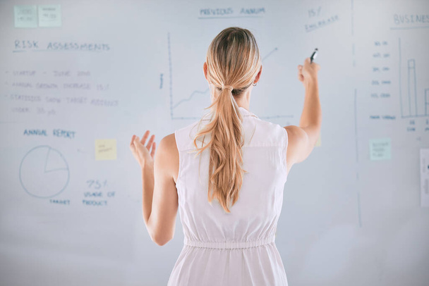 One caucasian businesswoman from behind brainstorming plans with graphs, stats and analytics on a whiteboard. One female only thinking of ideas and strategies while doing market research for startup. - Photo, image
