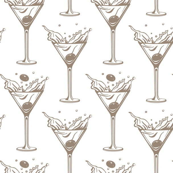 Patrón sin costuras, contorno beige vasos de martini con aceitunas y salpicaduras sobre un fondo blanco. Imprimir, fondo, textil, fondo de pantalla, vector - Vector, imagen