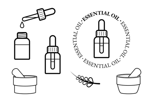 Ätherisches Öl-Symbol gesetzt. Aromatherapie und kosmetisches Öl-Symbol. Linienvektorillustration - Vektor, Bild