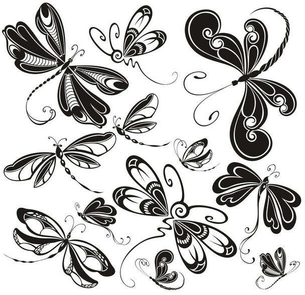 Set of stylized dragonflies. Collection of linear flying dragonflies. Vector illustration of on a white background. - Vektori, kuva